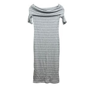 Banana Republic Womes Off Shoulder Midi Dress Gray Striped Bodycon Sz XS Petite*